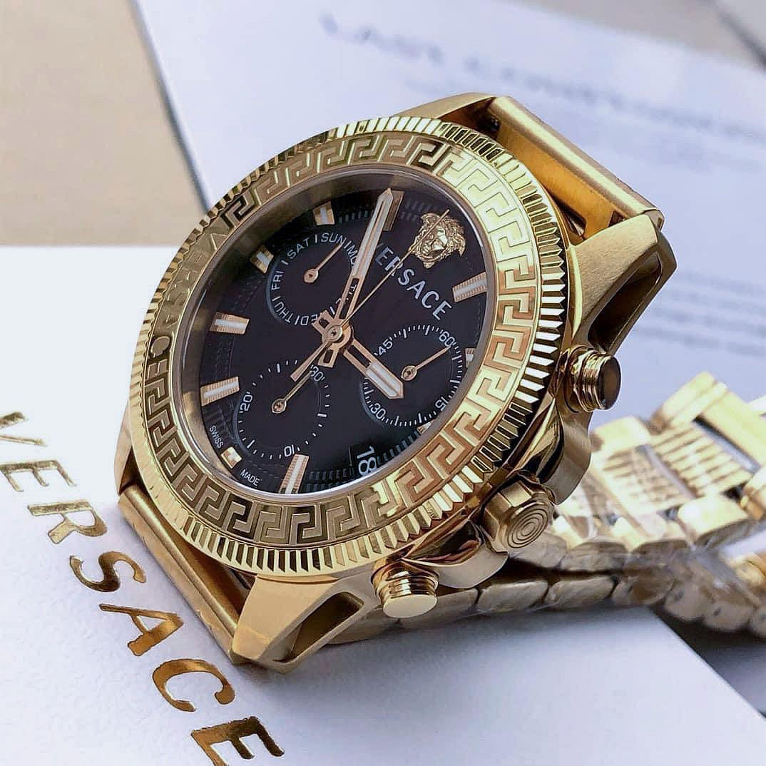  Shop Authentic Versace Greca Action Chronograph Black Dial Gold Steel Strap Watch For Men - VE3J00622 - Luxxuri