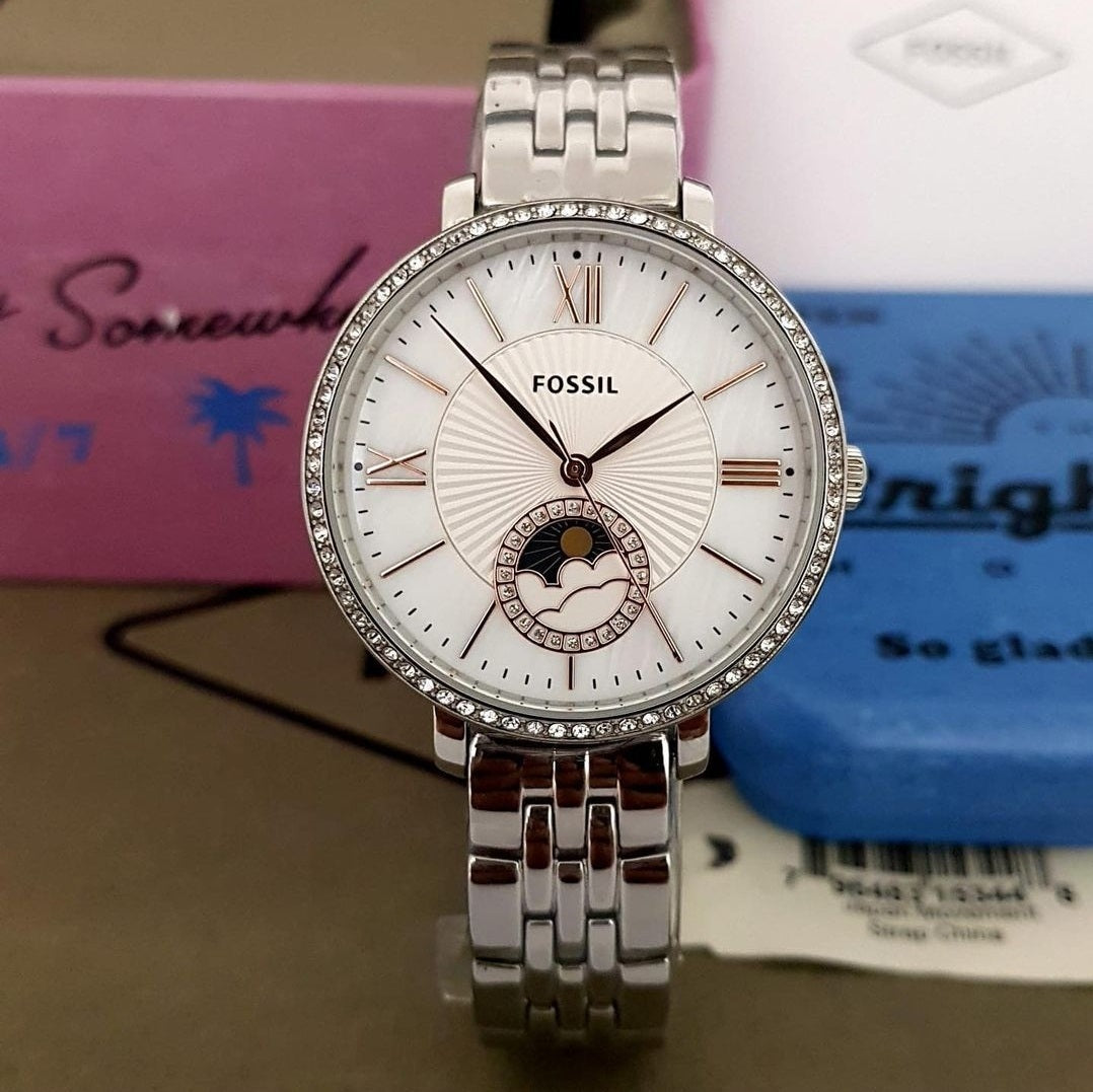  Shop Authentic Fossil Jacqueline Multifunction Moonphase White Dial Silver Steel Strap Watch for Women - ES5164 - Luxxuri