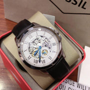  Shop Authentic Fossil Grant Skeleton White Dial Black Leather Strap Watch for Men -  ME3053 - Luxxuri