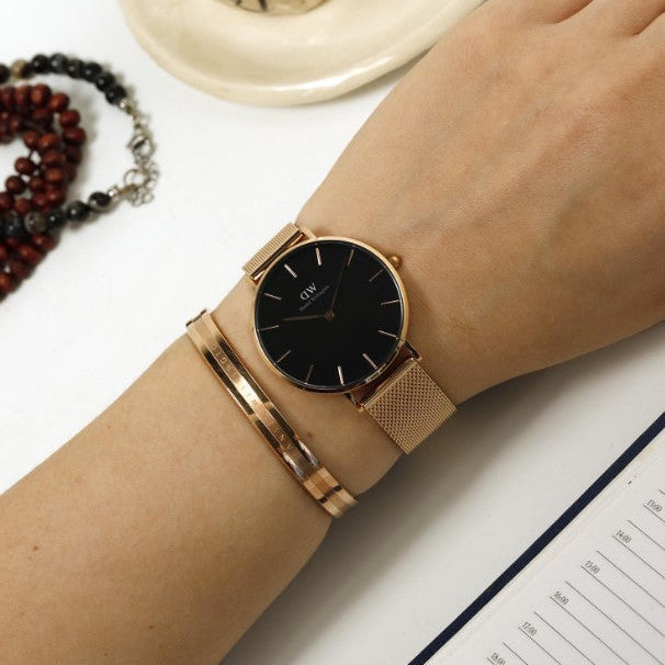  Shop Authentic Daniel Wellington Petite Melrose Black Dial Rose Gold Mesh Strap Watch For Women - DW00100303 - Luxxuri