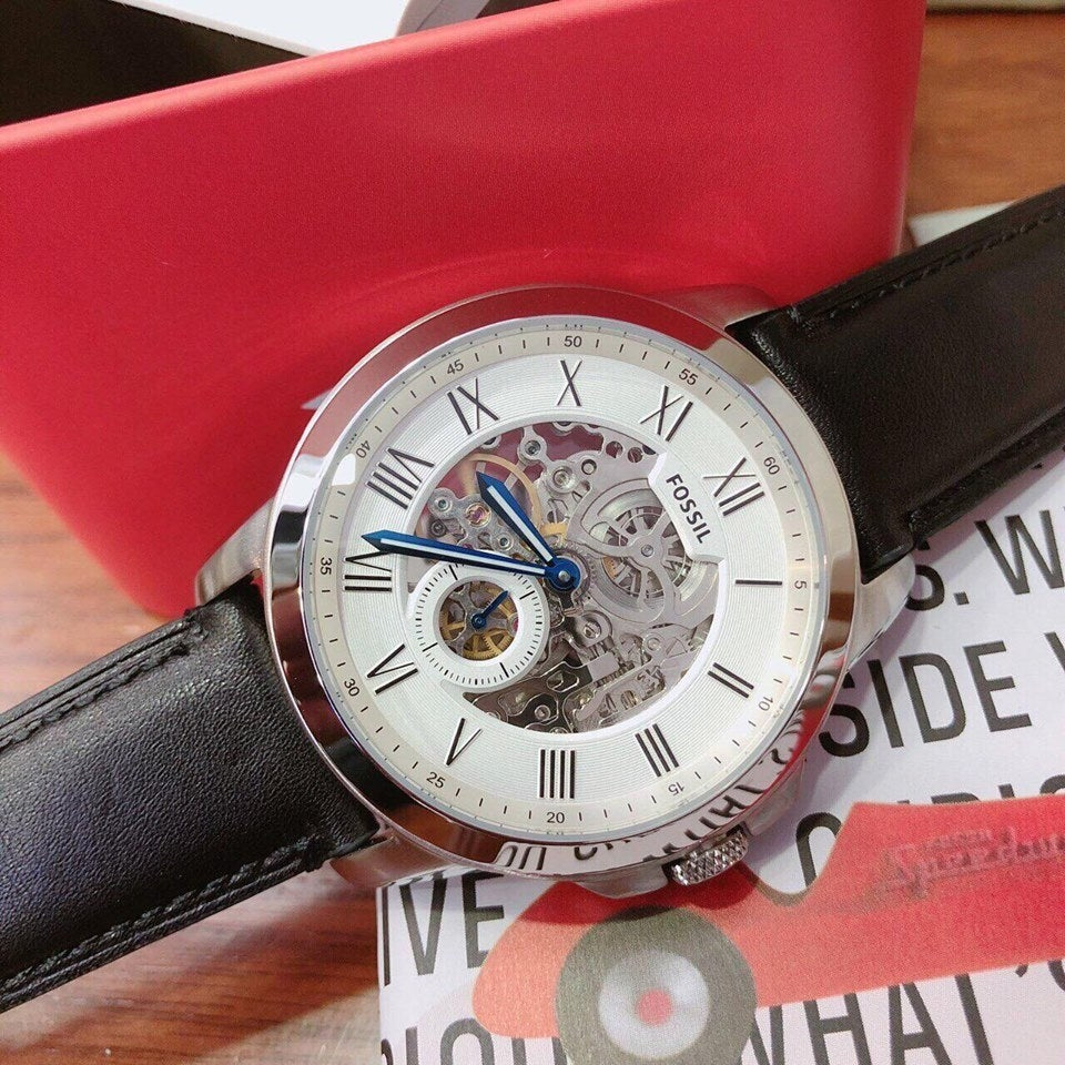  Shop Authentic Fossil Grant Skeleton White Dial Black Leather Strap Watch for Men -  ME3053 - Luxxuri