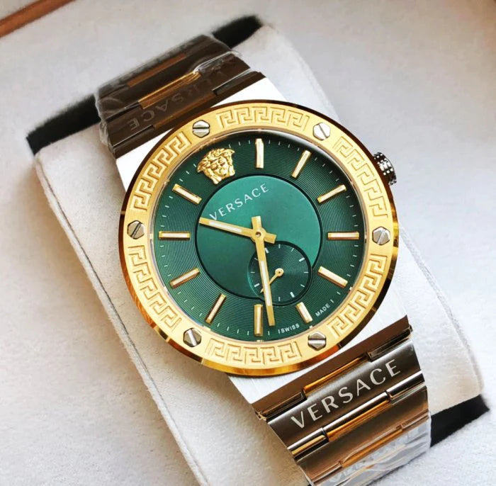  Shop Authentic Versace Hellenyium Quartz Green Dial Silver Steel Strap Watch For Men - VEVK00420 - Luxxuri