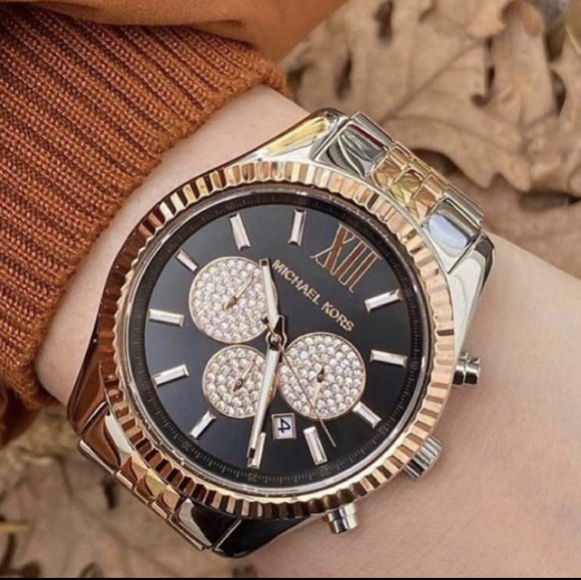  Shop Authentic Michael Kors Lexington Chronograph Crystals Black Dial Two Tone Steel Strap Watch for Men - MK8714 - Luxxuri
