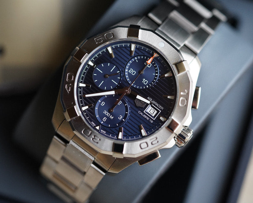  Shop Authentic Tag Heuer Aquaracer Caliber 16 Automatic Chronograph Blue Dial Silver Steel Strap Watch for Men - CAY2112.BA0927 - Luxxuri