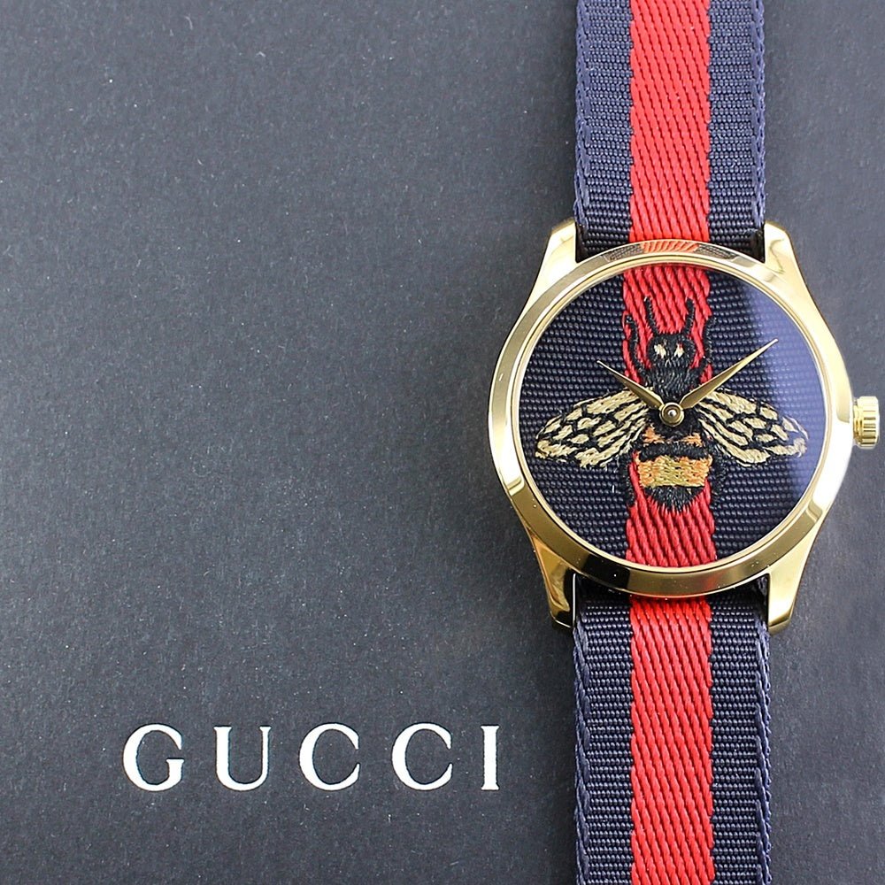  Shop Authentic Gucci G Timeless Bee Red & Blue Dial Red Two Tone Nylon Strap Watch For Men - YA1264061 - Luxxuri
