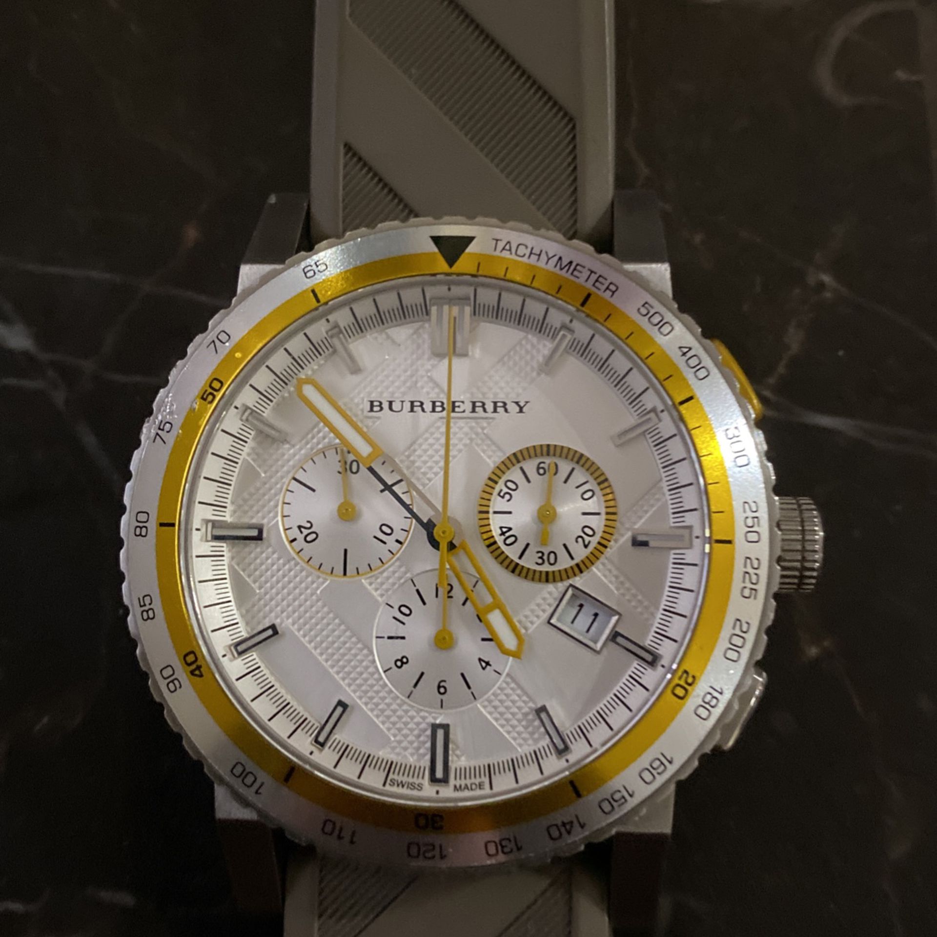  Shop Authentic Burberry Belt Chronograph Silver Dial Brown Rubber Strap Watch For Men - BU9811 - Luxxuri