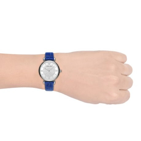  Shop Authentic Emporio Armani Gianni T Bar Quartz Crystals Silver Dial Blue Leather Strap Watch For Women - AR11344 - Luxxuri