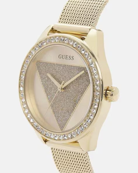  Shop Authentic Guess Tri Glitz Quartz Diamonds Gold Dial Gold Mesh Bracelet Watch For Women - W1142L2 - Luxxuri