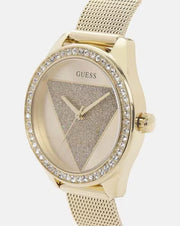  Shop Authentic Guess Tri Glitz Quartz Diamonds Gold Dial Gold Mesh Bracelet Watch For Women - W1142L2 - Luxxuri