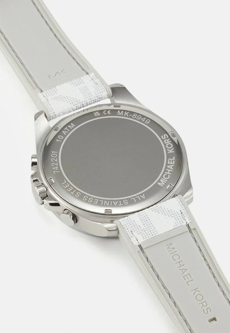  Shop Authentic Michael Kors Brecken Chronograph Silver Dial White Leather Strap Watch For Men - MK8949 - Luxxuri