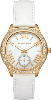  Shop Authentic Michael Kors Sage Three-Hand Mother of Pearl White Dial White Leather Strap Watch for Women - MK4818 - Luxxuri