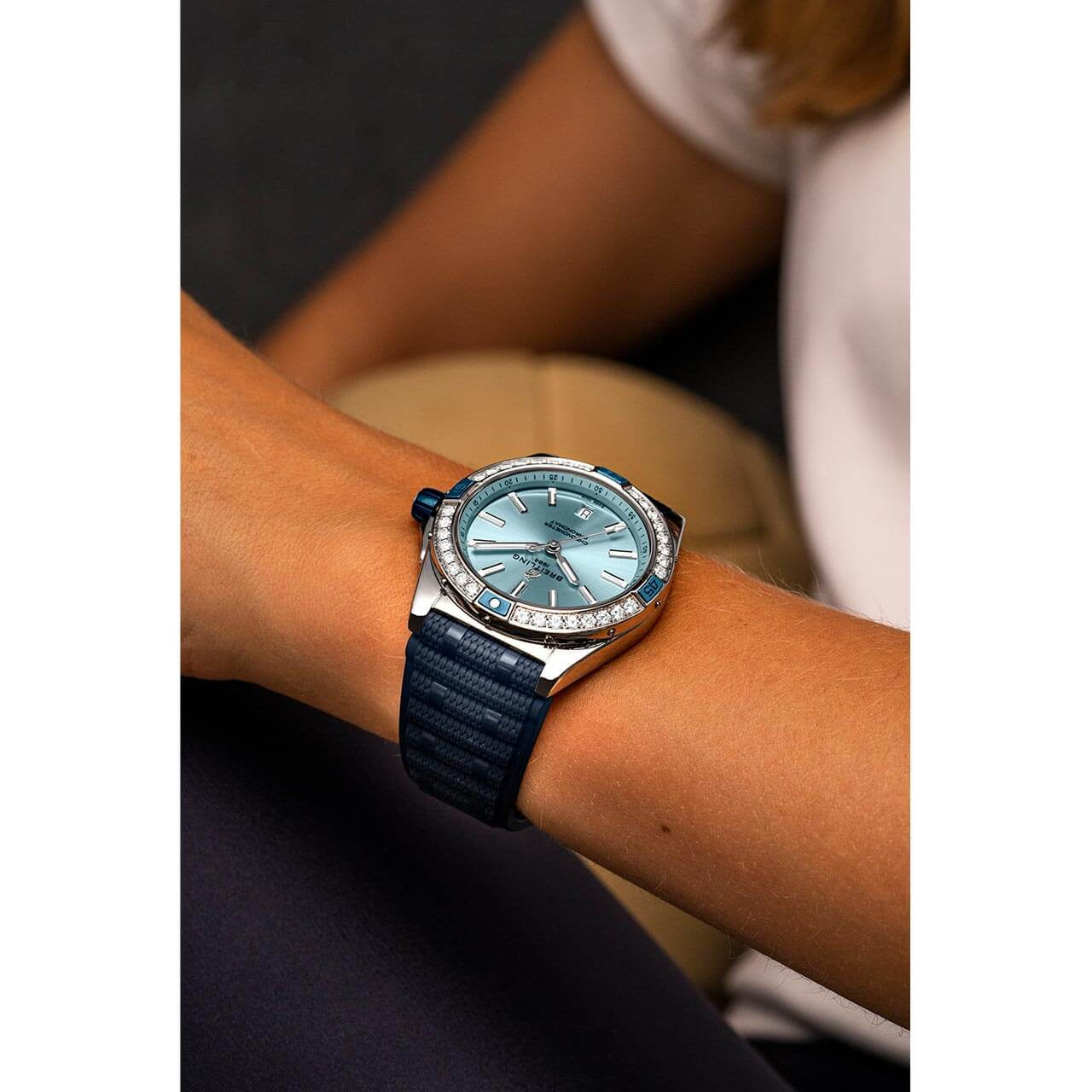  Shop Authentic Breitling Super Chronomat Automatic 38 Diamonds Blue Dial Blue Rubber Strap Watch for Women - A17356531C1S1 - Luxxuri