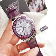  Shop Authentic Guess Limelight Quartz Silver Dial Purple Leather Strap Watch For Women - W0775L6 - Luxxuri