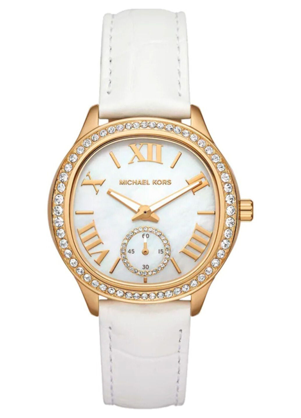  Shop Authentic Michael Kors Sage Three-Hand Mother of Pearl White Dial White Leather Strap Watch for Women - MK4818 - Luxxuri