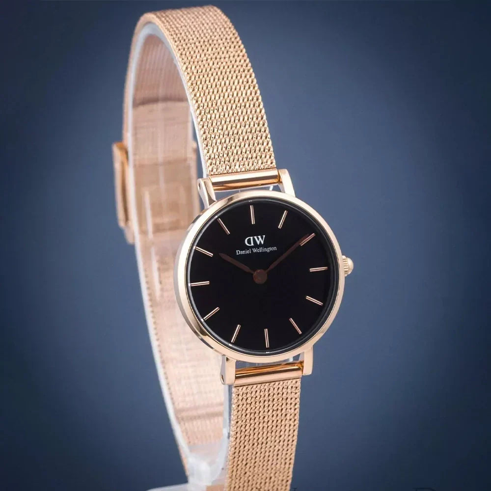  Shop Authentic Daniel Wellington Petite Pressed Melrose Black Dial Rose Gold Mesh Strap Watch For Women - DW00100440 - Luxxuri