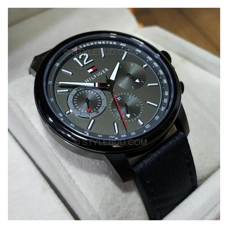  Shop Authentic Tommy Hilfiger London Chronograph Grey Dial Black Leather Strap Watch for Men - 1791533 - Luxxuri