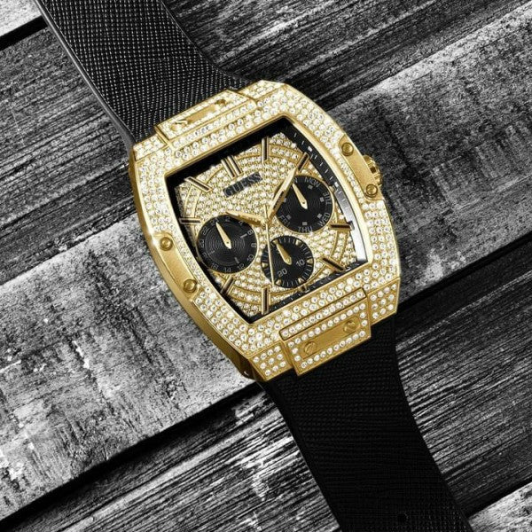  Shop Authentic Guess Phoenix Multifunction Crystals Gold Dial Black Silicone Strap Watch For Men - GW0048G2 - Luxxuri