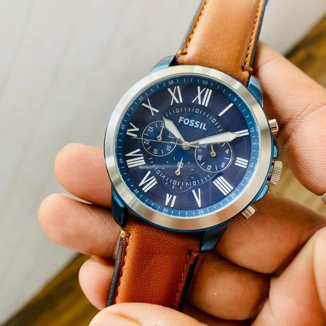  Shop Authentic Fossil Grant Chronograph Blue Dial Brown Leather Strap Watch for Men - FS5151 - Luxxuri