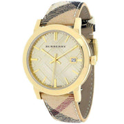  Shop Authentic Burberry The City Gold Dial Haymarket Brown Leather Strap Watch for Women - BU9026 - Luxxuri
