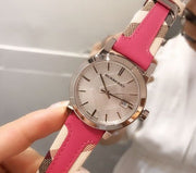  Shop Authentic Burberry The City White Dial Haymarket Pink Leather Strap Watch for Women - BU9149 - Luxxuri