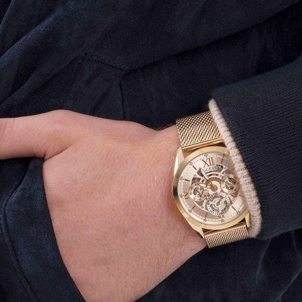  Shop Authentic Guess Tailor Multifunction Gold Dial Gold Mesh Bracelet Watch for Men - GW0368G2 - Luxxuri