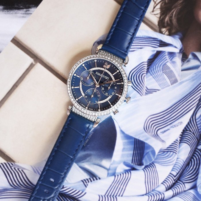  Shop Authentic Swarovski Passage Chrono Crystal Blue Dial Blue Leather Strap Watch for Women - 5580342 - Luxxuri