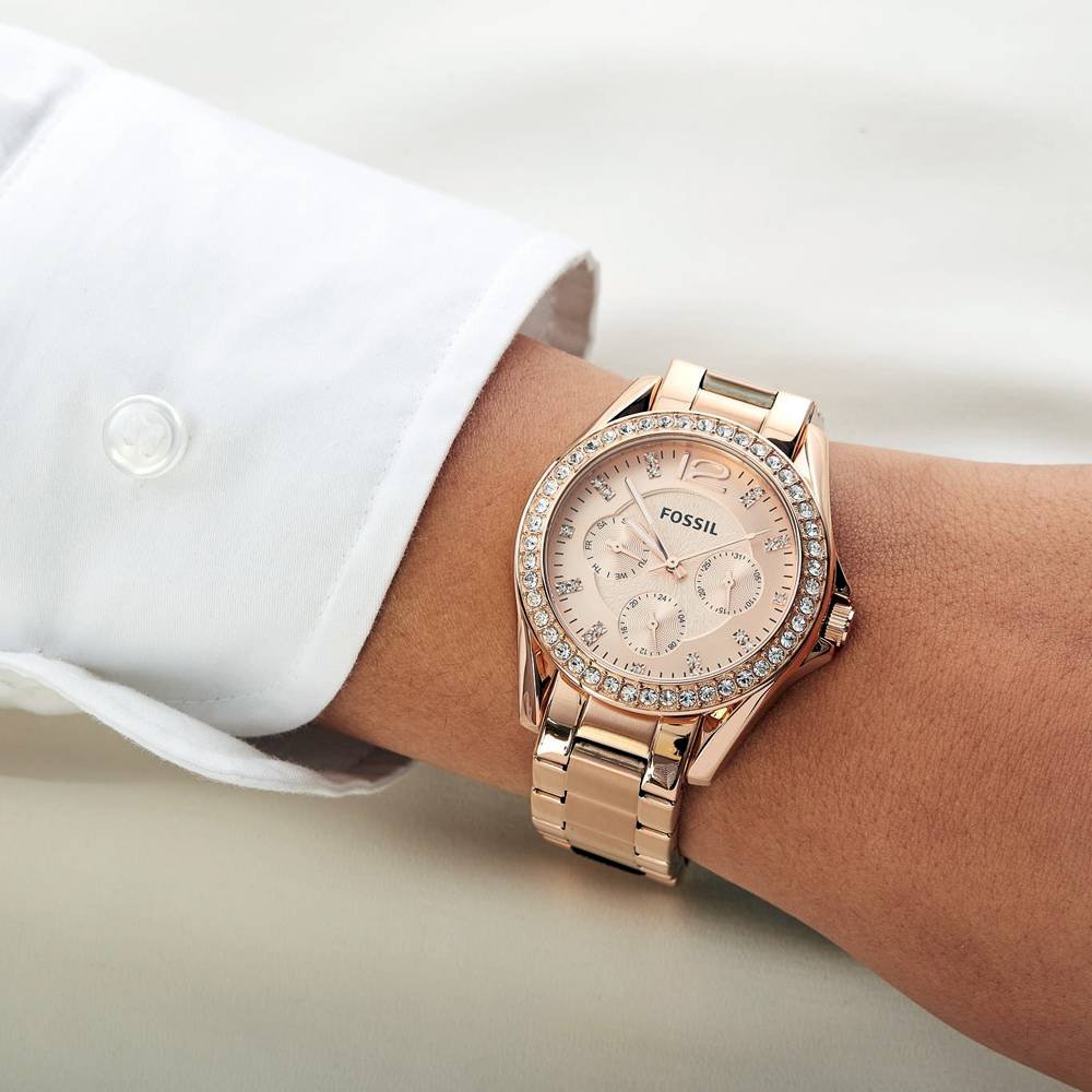  Shop Authentic Fossil Riley Multifunction Rose Gold Dial Rose Gold Steel Strap Watch for Women - ES2811 - Luxxuri