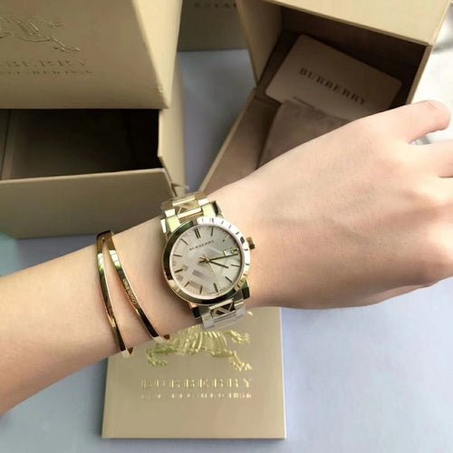  Shop Authentic Burberry The City Gold Dial Gold Steel Strap Watch for Women - BU9033 - Luxxuri
