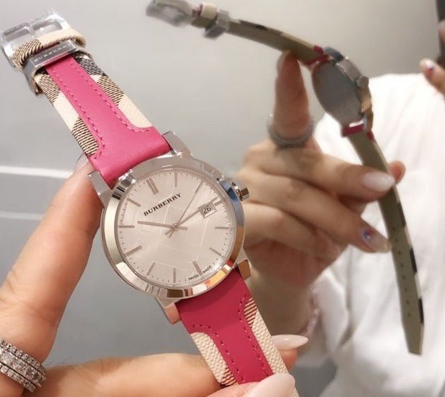  Shop Authentic Burberry The City White Dial Haymarket Pink Leather Strap Watch for Women - BU9149 - Luxxuri