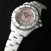  Shop Authentic Chanel J12 Quartz Diamonds Pink Dial White Steel Strap Watch for Women - J12 H5513 - Luxxuri