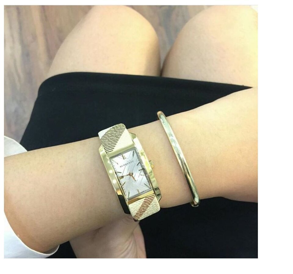  Shop Authentic Burberry Pioneer Gold Dial Haymarket Beige Leather Strap Watch for Women - BU9509 - Luxxuri