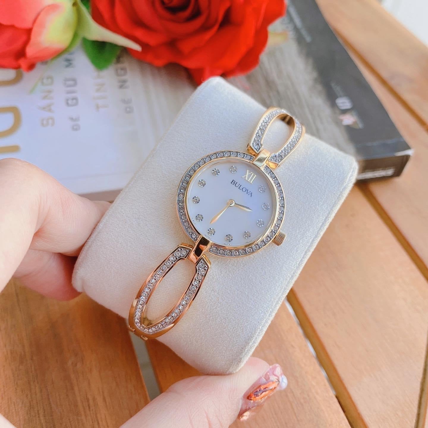  Shop Authentic Bulova Crystal Collection Mother of Pearl Dial Gold Steel Strap Watch for Women - 98L225 - Luxxuri