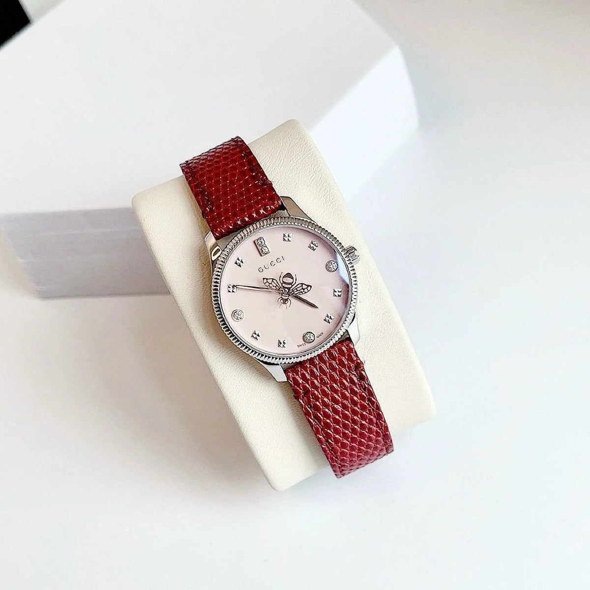  Shop Authentic Gucci G Timeless Quartz Diamonds Pink Dial Red Leather Strap Watch For Women - YA1265017 - Luxxuri