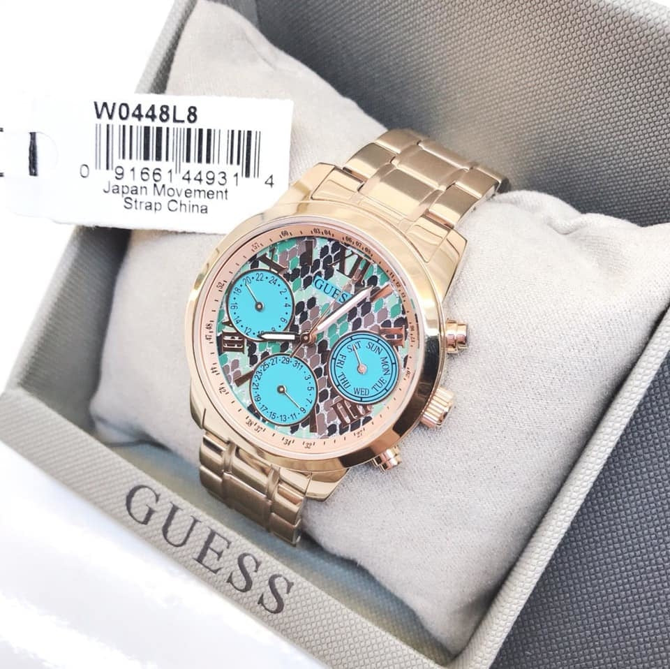  Shop Authentic Guess Mini Sunrise Multi Function Analog Turquoise Dial Rose Gold Steel Strap Watch For Women - W0448L8 - Luxxuri