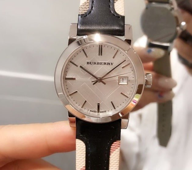  Shop Authentic Burberry The City White Dial Black Haymarket Leather Strap Watch for Women - BU9150 - Luxxuri