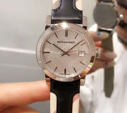  Shop Authentic Burberry The City White Dial Black Haymarket Leather Strap Watch for Women - BU9150 - Luxxuri