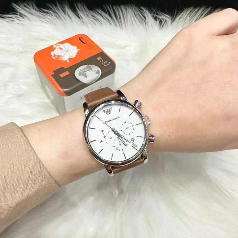 Emporio Armani Luigi Chronograph Silver Dial Brown Leather Strap Watch for Men - AR1846