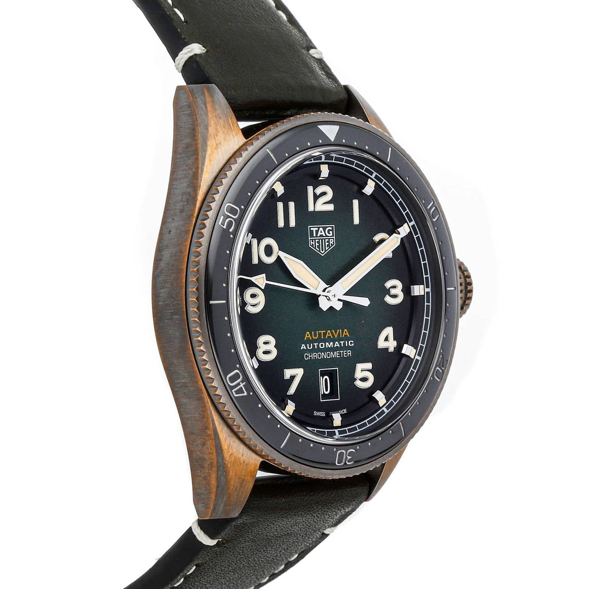  Shop Authentic Tag Heuer Autavia Calibre 5 Automatic Olive Green Dial Green Leather Strap Watch for Men - WBE5190.FC8268 - Luxxuri