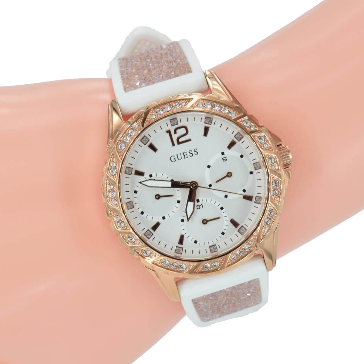  Shop Authentic Guess Swirl Quartz Silver Dial White Rubber Strap Watch For Women - W1096l2 - Luxxuri