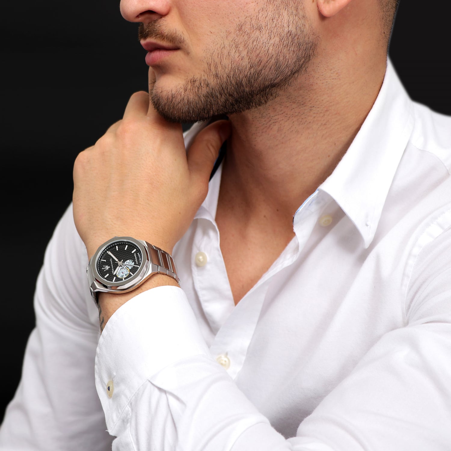  Shop Authentic Maserati Stile Skeleton Automatic Black Dial Silver Steel Strap Watch For Men - R8823142002 - Luxxuri
