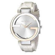  Shop Authentic Gucci Interlocking 18K Gold Silver Dial White Leather Strap Watch For Women - YA133303 - Luxxuri