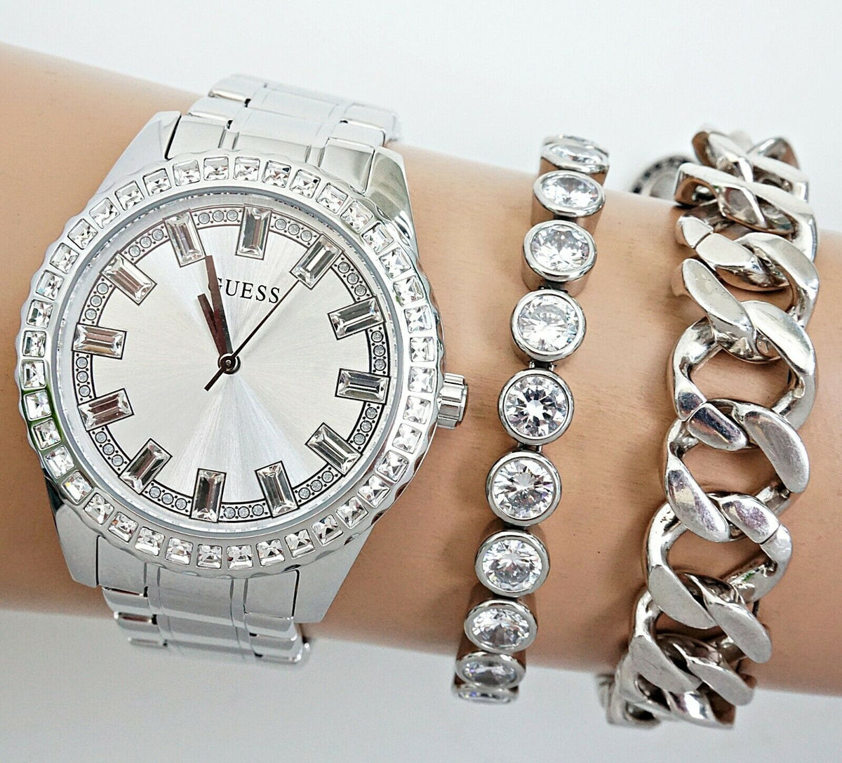  Shop Authentic Guess Sparkler Diamonds Silver Dial Silver Steel Strap Watch for Women - GW0111L1 - Luxxuri