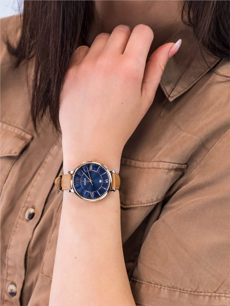  Shop Authentic Fossil Jacqueline Three Hand Date Luggage Blue Dial Brown Leather Strap Watch for Women - ES4274 - Luxxuri