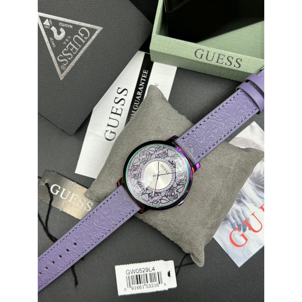  Shop Authentic Guess Dahlia Analog Silver Dial Purple Leather Strap Watch For Women - GW0529L4 - Luxxuri