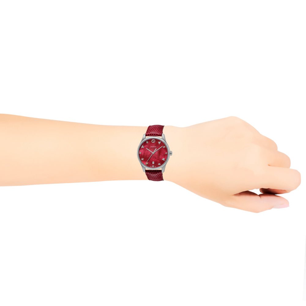  Shop Authentic Gucci G-Timeless Mother of Pearl Red Dial Red Leather Strap Watch For Women - YA1264041 - Luxxuri