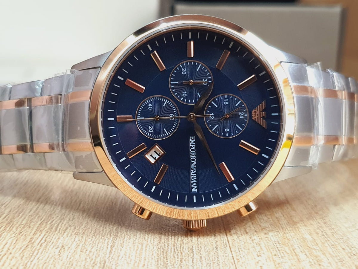  Shop Authentic Emporio Armani Renato Chronograph Blue Dial Two Tone Steel Strap Watch For Men - AR80025 - Luxxuri