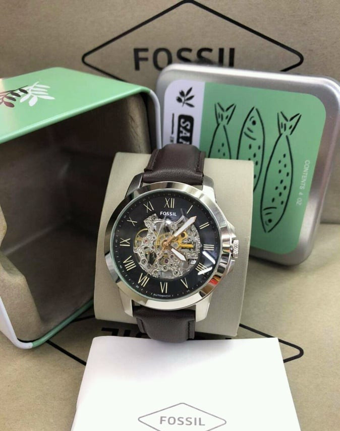  Shop Authentic Fossil Grant Automatic Skeleton Black Dial Brown Leather Strap Watch for Men - ME3100 - Luxxuri