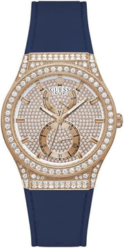  Shop Authentic Guess Multifunction Crystals Rose Gold Dial Blue Rubber Strap Watch For Women - GW0439L4 - Luxxuri
