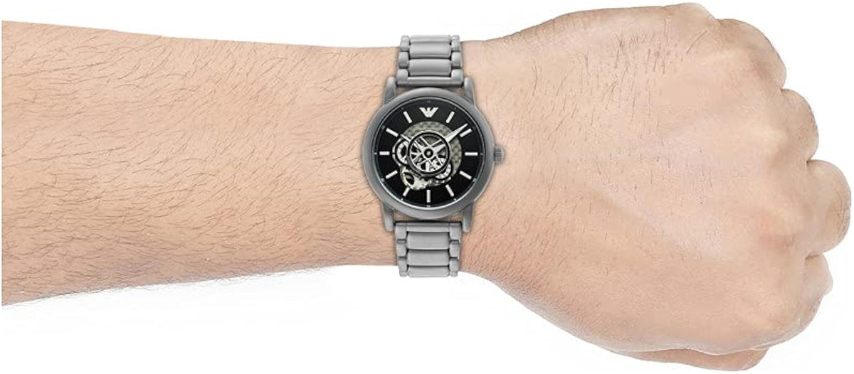  Shop Authentic Emporio Armani Meccanico Automatic Skeleton Black Dial Silver Steel Strap Watch For Men - AR60021 - Luxxuri