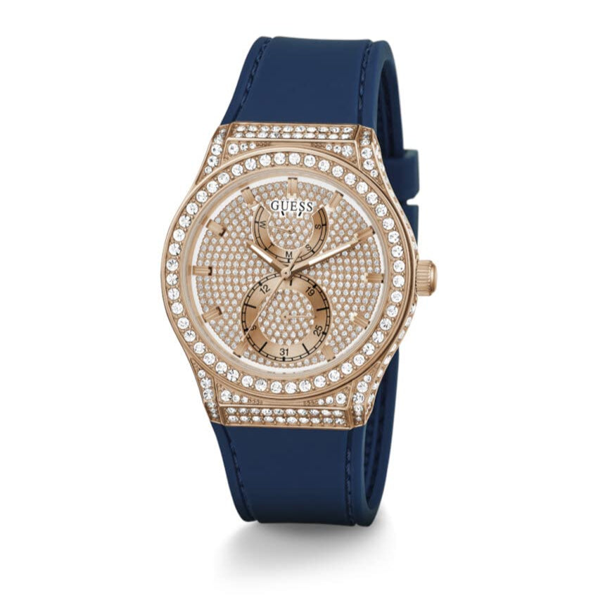  Shop Authentic Guess Multifunction Crystals Rose Gold Dial Blue Rubber Strap Watch For Women - GW0439L4 - Luxxuri